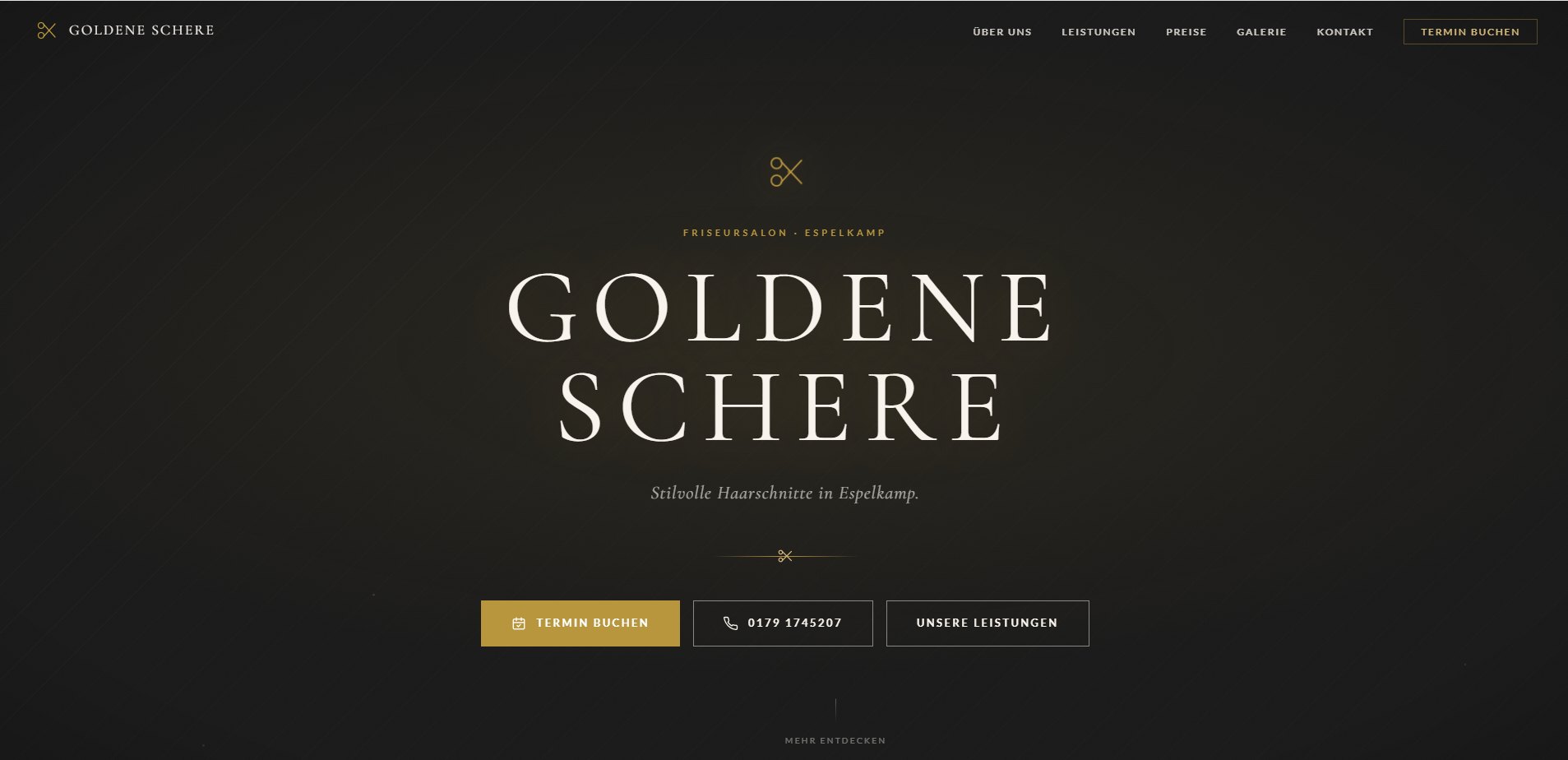 Startseite der Website Goldene Schere Espelkamp: dunkler Hero mit goldener Schere und Buttons für Termin und Telefon