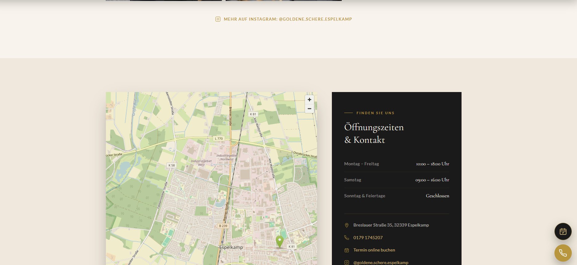 Kontaktbereich der Website Goldene Schere mit OpenStreetMap-Karte und Öffnungszeiten
