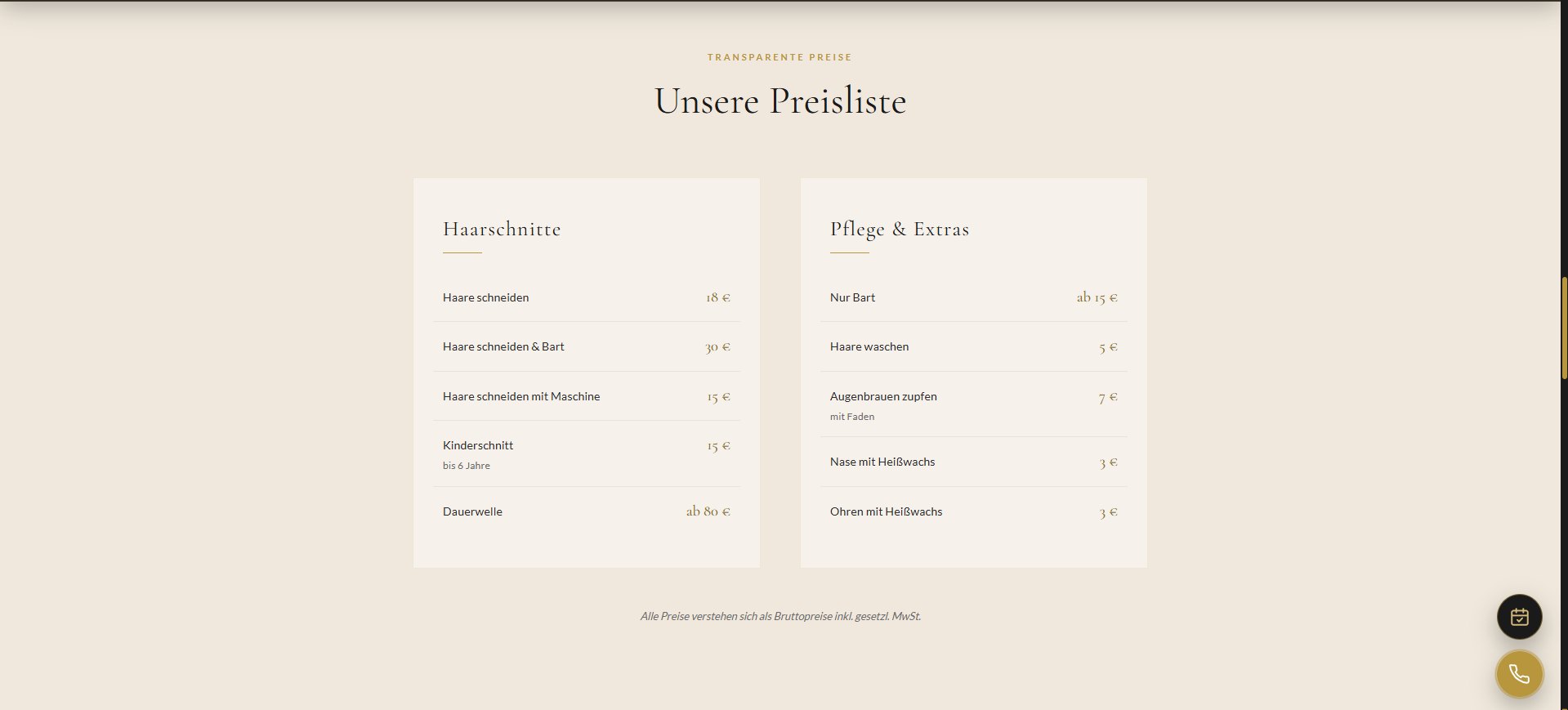 Preisliste der Website Goldene Schere auf hellem Hintergrund